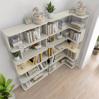 Bibliothèque d'angle compacte de 90 cm + bibliothèque libre extensible de 80 cm, ensemble de 2 tablettes de présentation, couleur chêne blanc et 4 autres couleurs optionnelles, meubles librement combinés et assortis