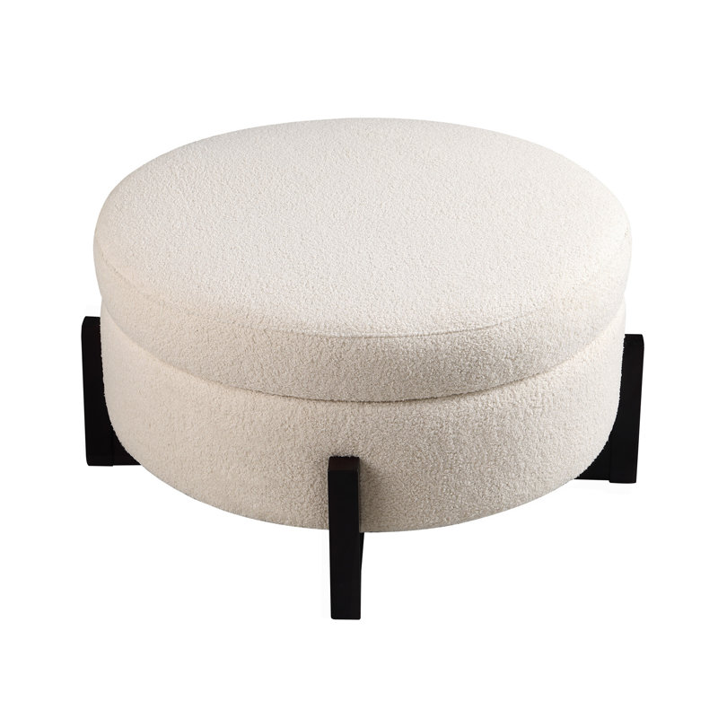 Pouf rond élégant avec rangement intérieur, pattes pliables en chêne, beige.