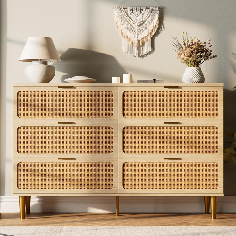 Commode 6 tiroirs pour la chambre à coucher en rotin, grande commode double avec tiroirs profonds, commode pour garde-robe à large plateau