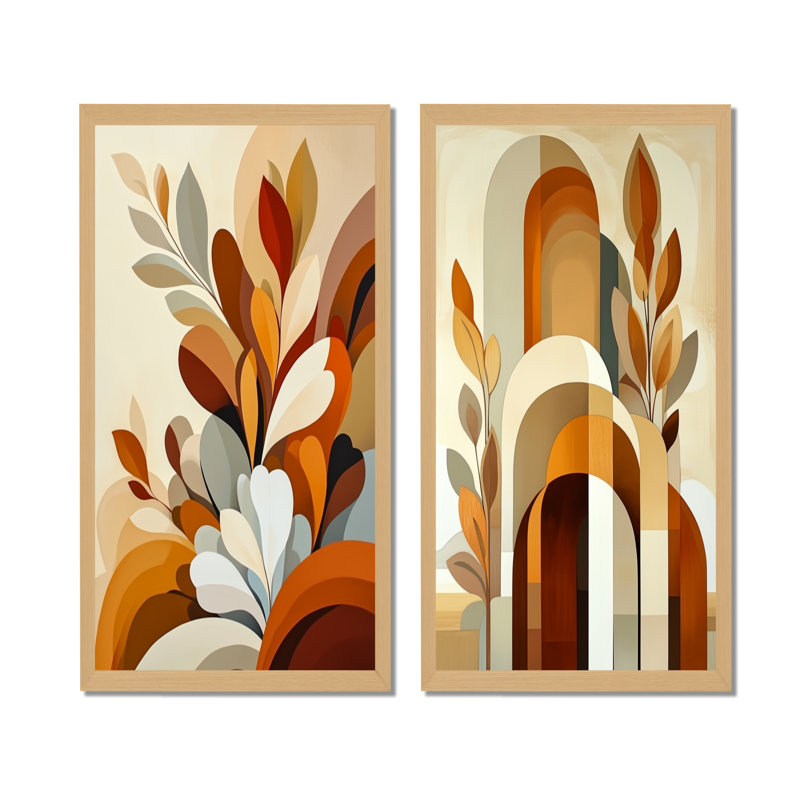 Formes bohèmes superposées I - Ensemble de 2 décorations murales bohèmes abstraites, 40" H x 40" W, Natural Picture Framed