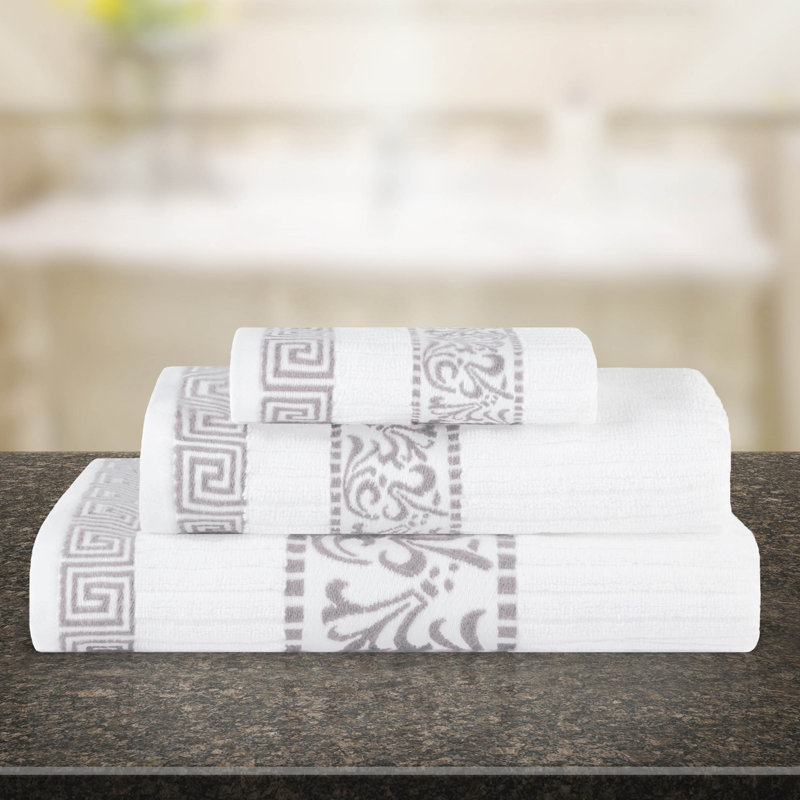 Jiro Athens 100% Cotton Medium Weight Floral Border Assorted Towel Set, White/Chrome