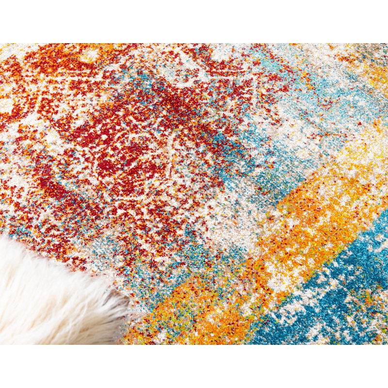 Hartell Oriental Blue/Orange/Red Area Rug, Round 4'1"