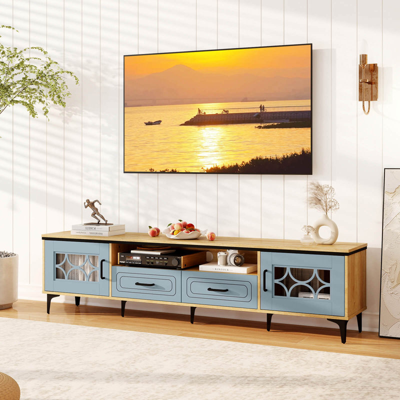 Meuble télé 71 po pour téléviseur de 80 po ou moins avec armoires latérales et tiroirs à compartiment ouvert, Beige/bleu