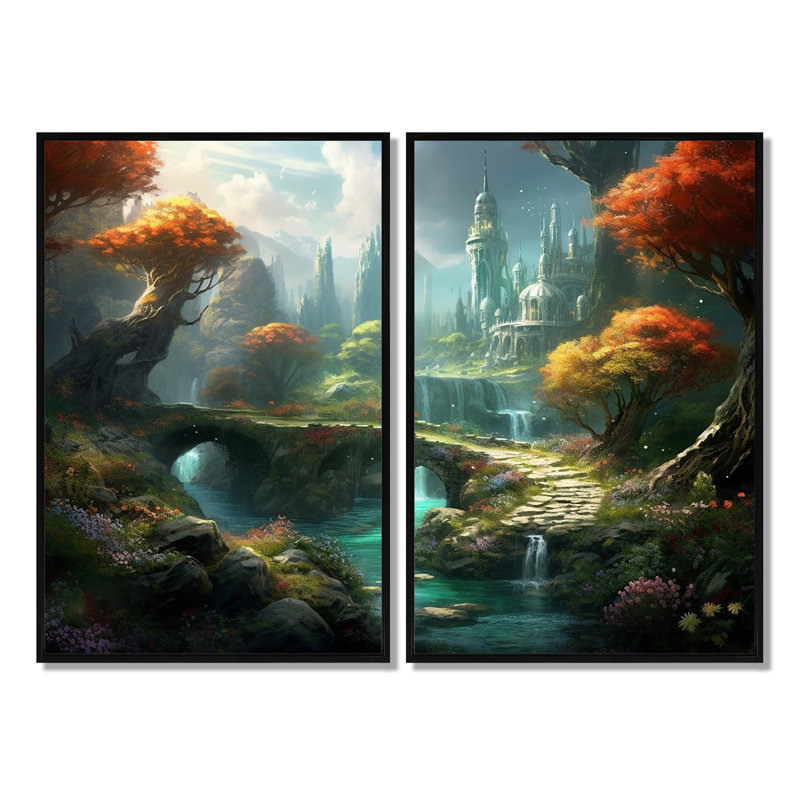Château de conte de fées I - grands châteaux, impressions sur toile, 2 panneaux, Noir, H 36 po x l 48 po