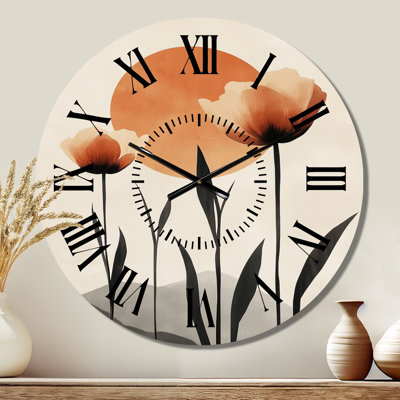 Horloge murale ronde en métal orange à motif tulipes de style années 50, inspirée des fleurs du soleil.