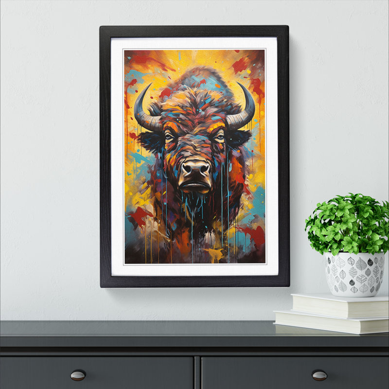 Buffalo Hard Edge Painting - Single Picture Frame Print on Wood, 46cm H x 34cm W x 2cm D, Black Framed