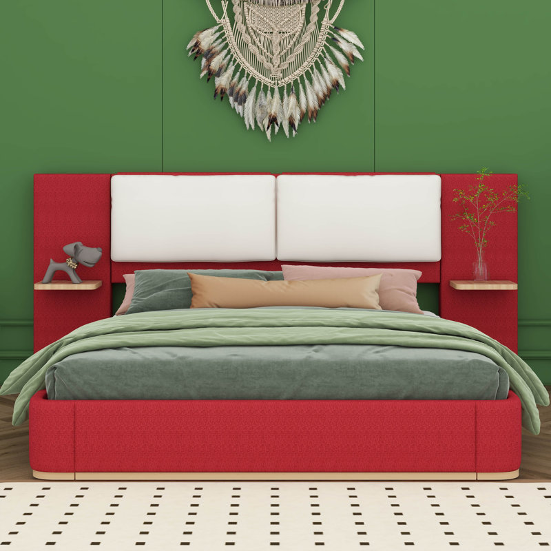Grand lit plateforme tapissier grand avec tête de lit à panneau, coins arrondis doux anti-collision, aucun sommier tapissier requis