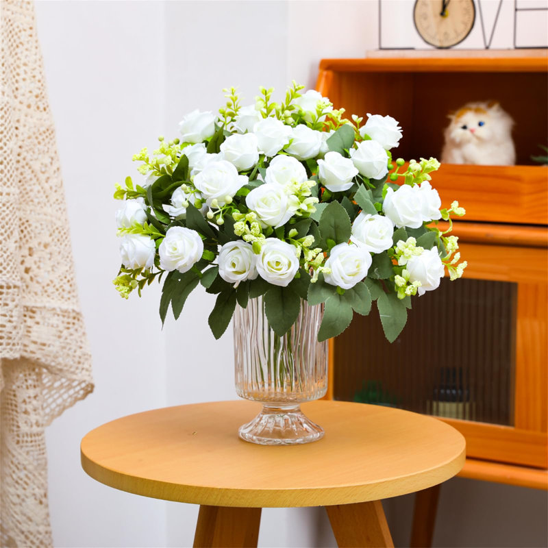 4PS Artificial Rose Flowers, Silk Rose Bouquet With 28 Rose Heads, Fake Flowers Realistic Roses, White
