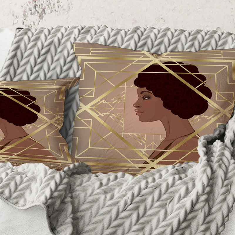 Carré, femmes rétro en or Art Deco Geometrics II - coussin décoratif imprimé moderne, 18" x 18"