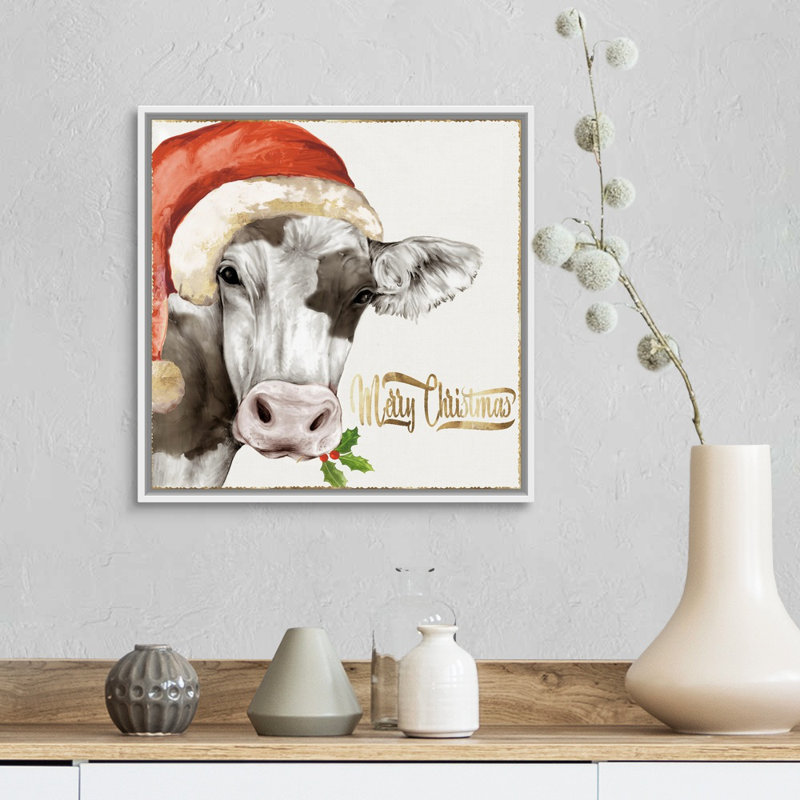 Vache de Noël - reproduction d'art sur toile, Cadre blanc, H 18 po x l 18 po x P 1,75 po