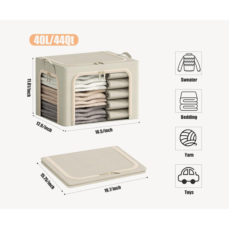 3 Opeings Large Clothes Storage Bins With Metal Frame, Foldable Storage Bin For Clothes, Clothing Storage Bins With Lid, Linen Storage Box With Clear Window& Zippers& Handles.(3 Pcs,66L)
