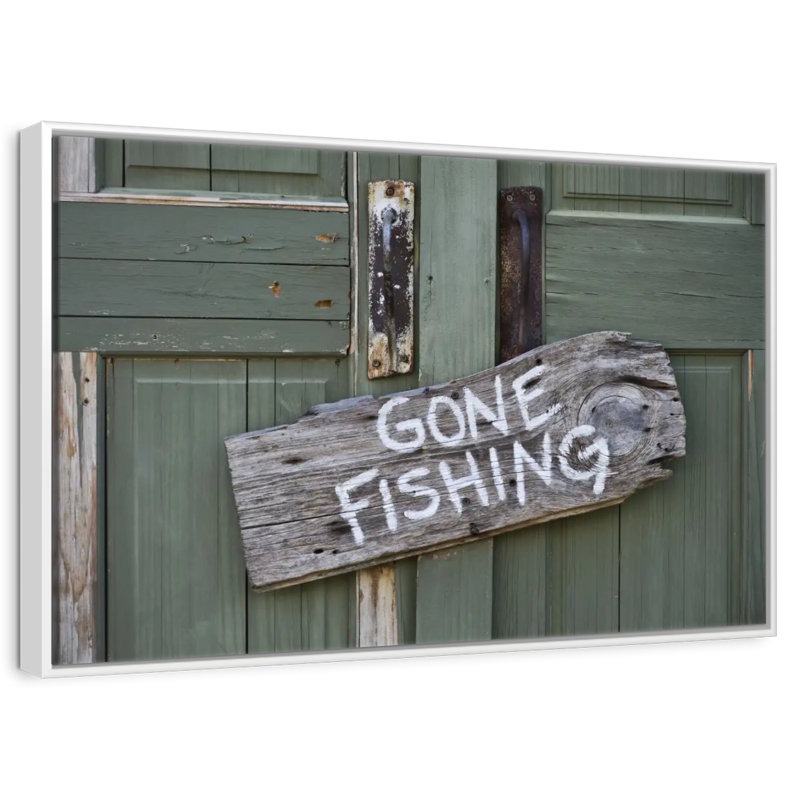 Panneau de pêche rustique, 37 po x 25 po, Cadre flottant blanc