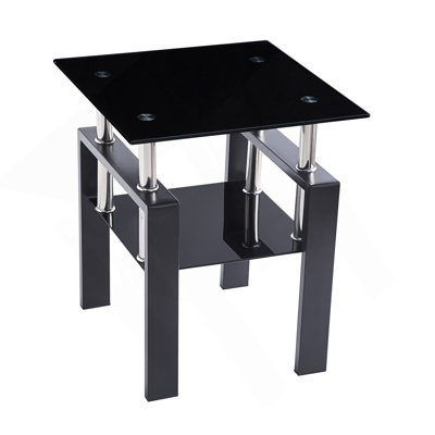 Tempered Black Glass Sofa Table, 2-Layers End Table With Storage, Living Room Side Table