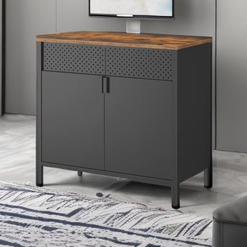 Rustic Brown and Black Metal Sideboard with Adjustable Shelf