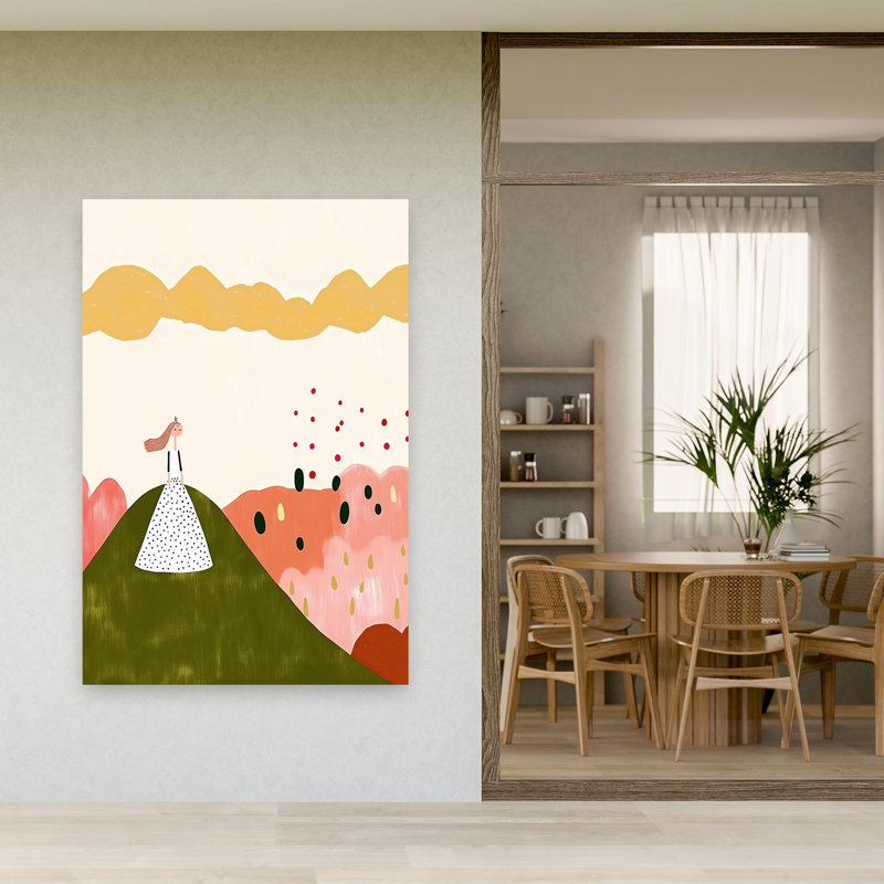 Whimsical Hilltop Girl Abstract Colorful Dreamy Landscape Nature Wall Art Print 1 Piece Wrapped Canvas Wall Art
