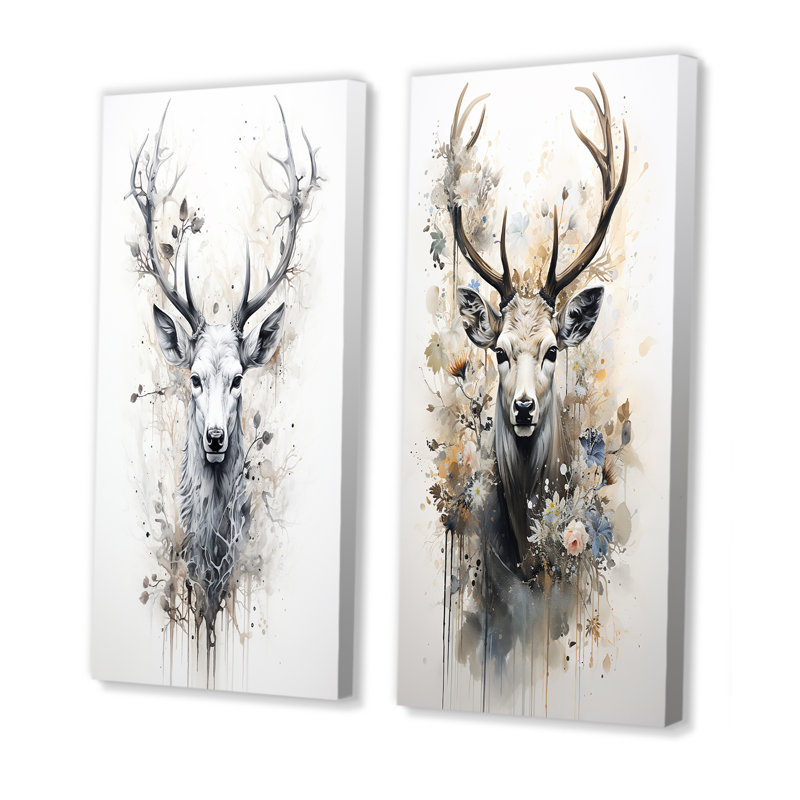 Portrait de cerf noir et blanc - ensemble de 2 reproductions d'art sur toile, H 28 po x l 25 po, Toile tendue