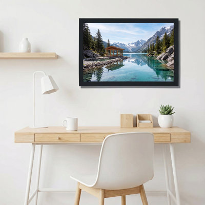 Toile en bois sur un lac turquoise avec des montagnes enneigées, art mural