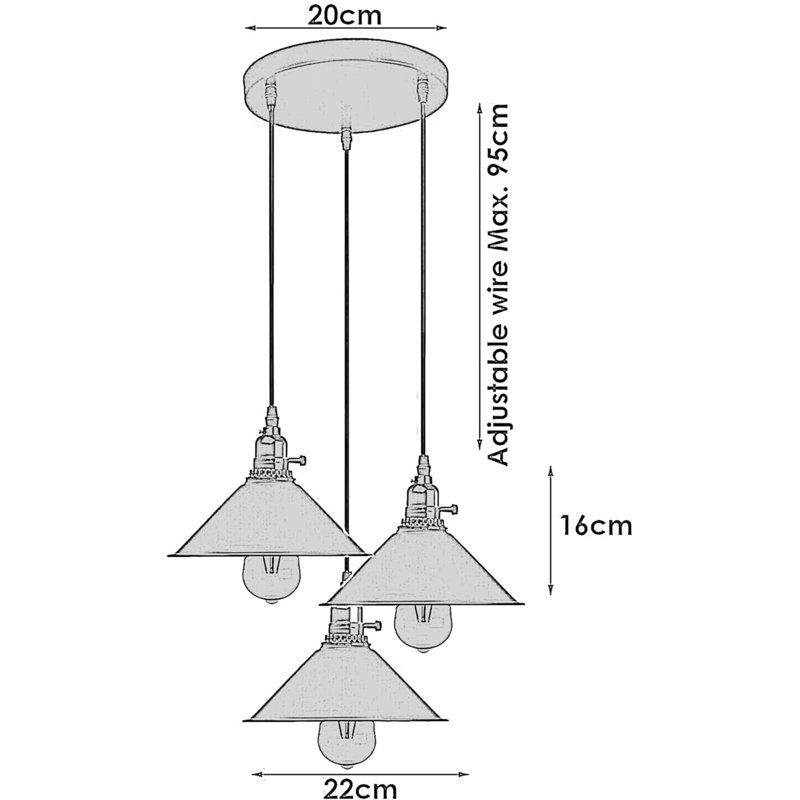 3-Light Cone Pendant Light – Industrial Kitchen Island Ceiling Fixture with Adjustable Height & E27 Bulbs, Black Inner White