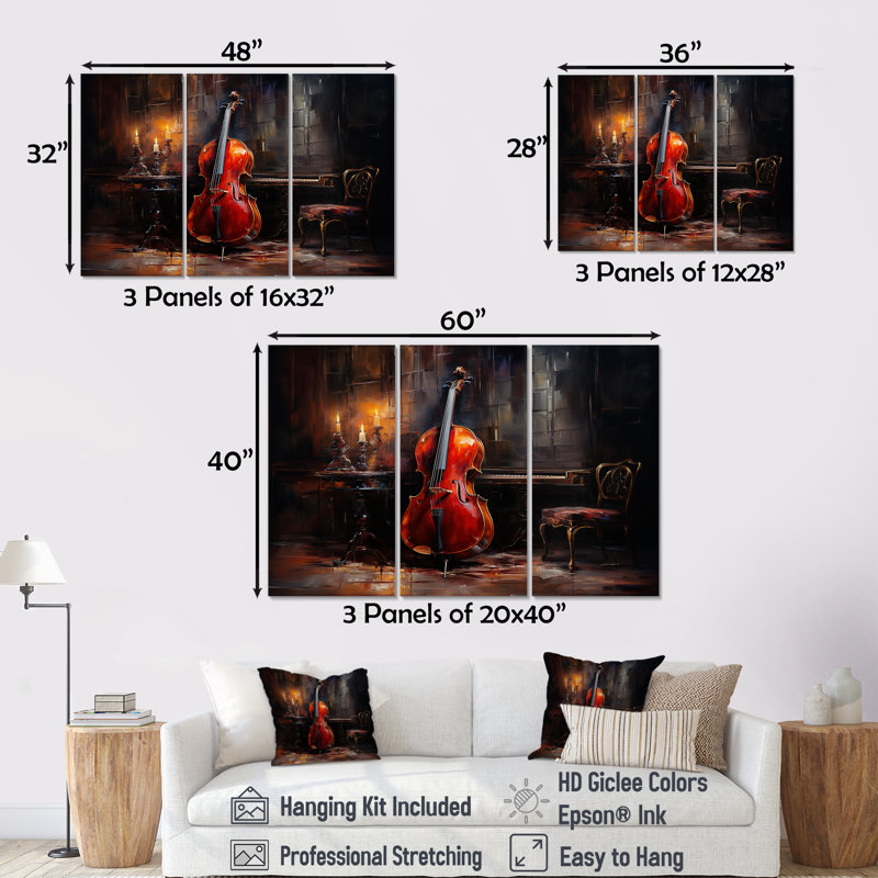 «Cello Charisma Deep Burgundy I», ensemble de reproductions d'art mural musical, H 28 po x l 36 po x P 1 po
