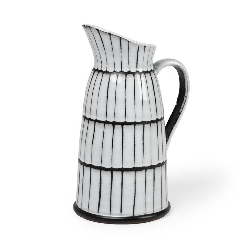 13" Black And White Ceramic Cylinder Jug Vase With Sculptural Details, 13.4" H x 6.9" W x 7.7" L