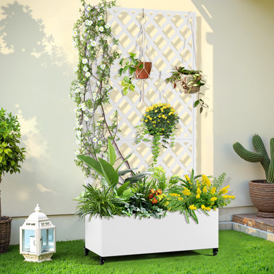 Boîte à fleurs surélevée en métal avec treillis en diamant et roulettes, lit de jardin extérieur avec drainage pour patio, balcon et petits espaces