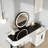 Modern Vanity Table with Tempered Glass Top, Adjustable Height Legs, Multi-functional Storage Cabinet and Round Mirror