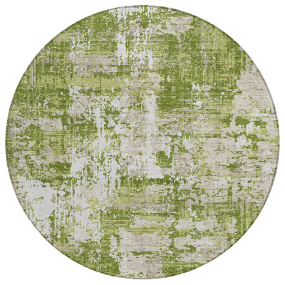 8' Green And Ivory Round Abstract Washable Indoor Outdoor Area Rug