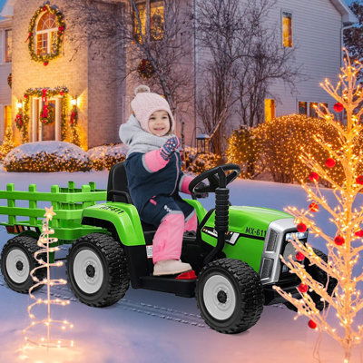 Tracteur électrique pour enfants de 12 V avec remorque, voiture avec télécommande, 7 lumières DEL, changement de vitesse à 3 vitesses, MP3 / USB, pneus EVA, 35 W
