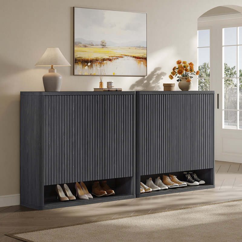 Cesiro 3 - Door Fluted Shoe Cabinet With Adjustable Shelves And Open - Bottom Access, Dark Gray Alder