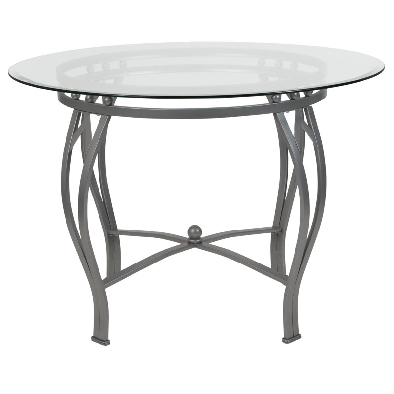 Table de salle à manger ronde en verre avec cadre en métal arqué Syracuse, Argent, H 29,5 po x l 48 po x P 48 po