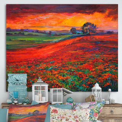 Blossoming Poppy Fields During Summer Sunset - Painting on Canvas
