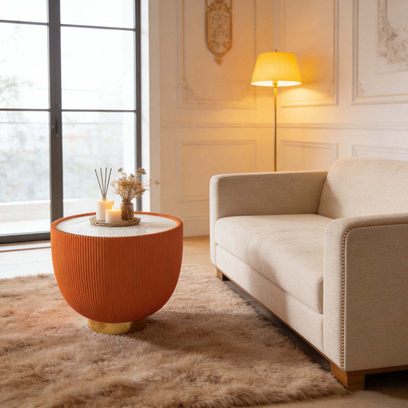 Table de bout ronde en bois fritté, Orange / doré