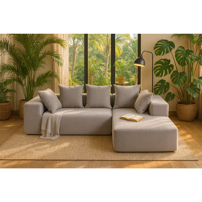 Canapé modulaire en L à compression complète en mousse avec 5 coussins moelleux - pour le salon, Tissu brun