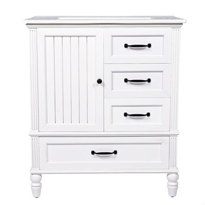 Meuble-lavabo 30 po avec lavabo, armoire de salle de bain avec porte, trois tiroirs, pieds en bois massif et panneau en bois aggloméré