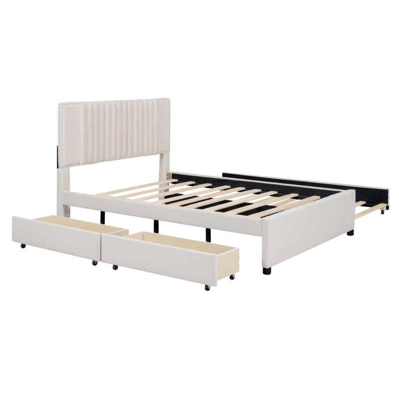 Zarita Upholstered Platform Bed with 2 Drawers and 1 Trundle, Full, Beige