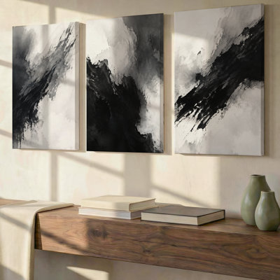 Triptyque panoramique abstrait exclusif de montagne en noir, gris et blanc, composé de 3 pièces, idéal pour décorer le salon, la chambre et le bureau.