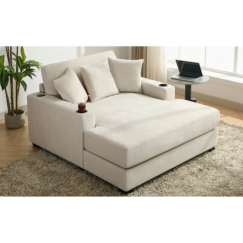 Chaise longue de 55 po en tissu chenille, station de charge, porte-gobelets et coussins amovibles en chenille crème moderne, station pour soirées tranquilles