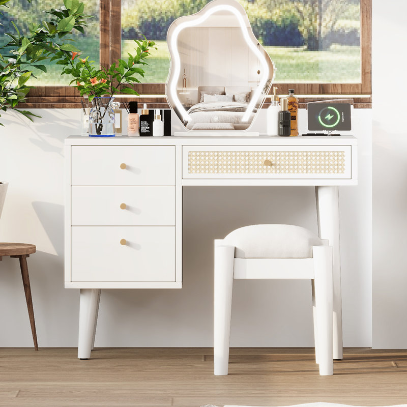 Makeup Vanity Set with Charging Plug and USB Port, White
