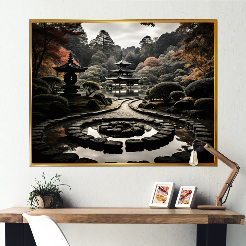 «Japon Zen Garden Serenity II», reproduction sur toile, H 16 po x l 32 po x P 1 po, Cadre flottant doré