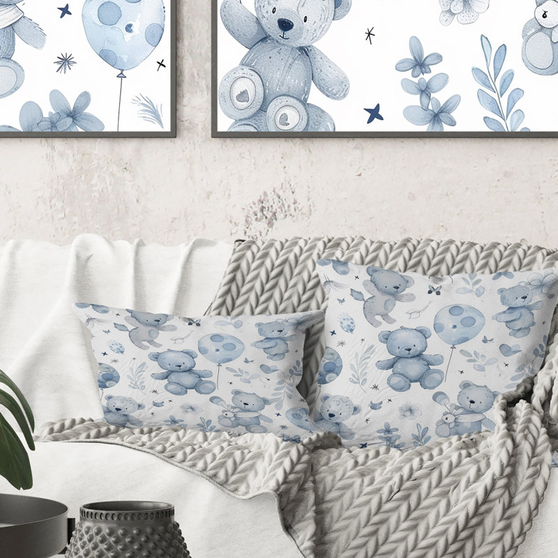Motif d'ourson bleu et blanc Boho, H 16 po x l 16 po, Carrée