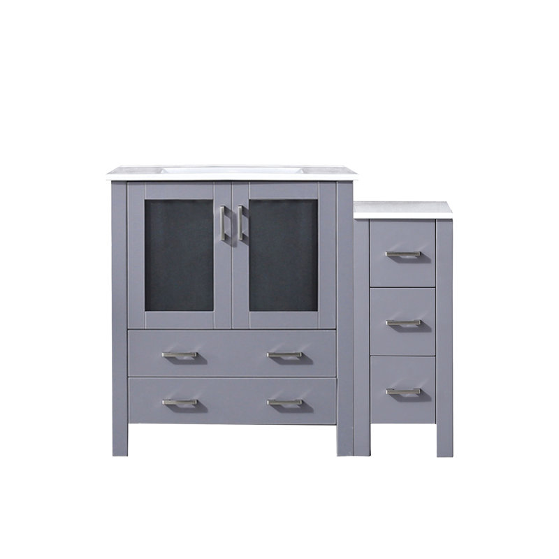 Meuble-lavabo simple de 107 cm de large, gris foncé, avec armoire latérale, comptoir en céramique blanche, structure en bois massif, tiroirs à fermeture amortie, un placard intérieur et cinq tiroirs pour un rangement optimal, comptoir teinté.