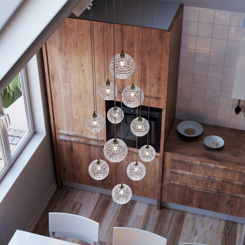 Breeze 11 Clear Glass Pendants Chandelier, Brass, 84"