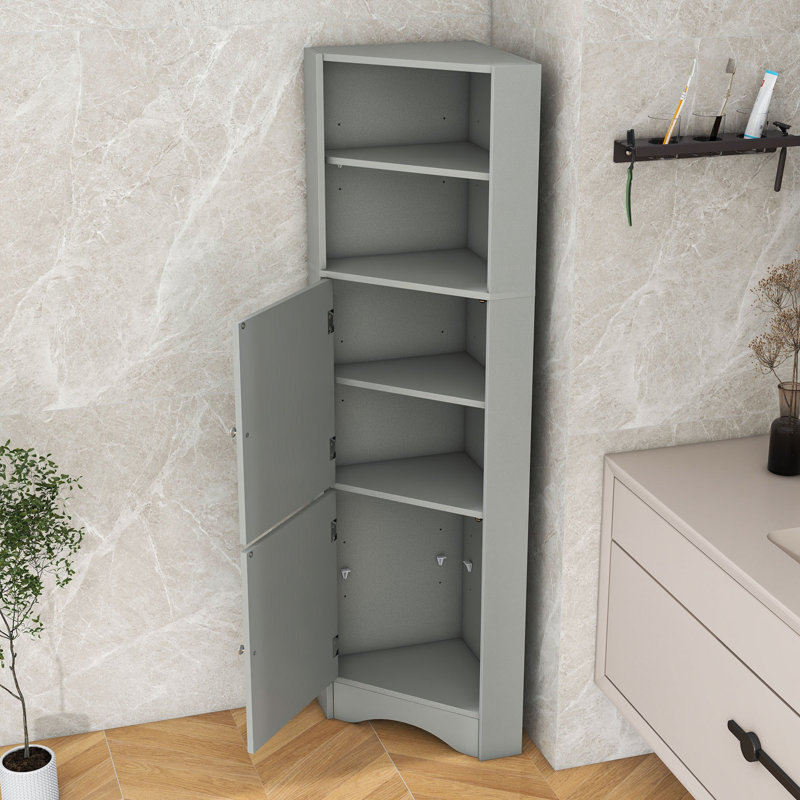 Emanuelli Triangle Freestanding Bathroom Corner Cabinet with Rhombus Pattern Doors and Adjustable Shelves, Grey