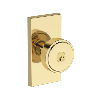 Vashon Keyed Entry Knob with Contemporary 5in Rose in Lifetime (PVD) Satin Brass