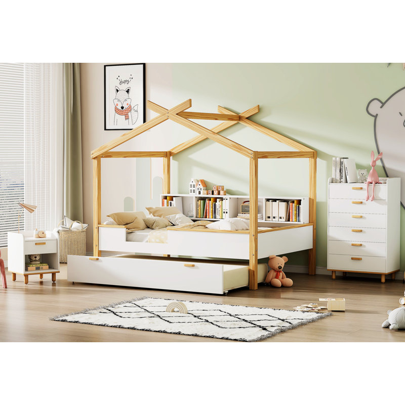 Ensemble de chambre à coucher à baldaquin 3 pièces avec lit gigogne + table de chevet + commode 6 tiroirs Trien