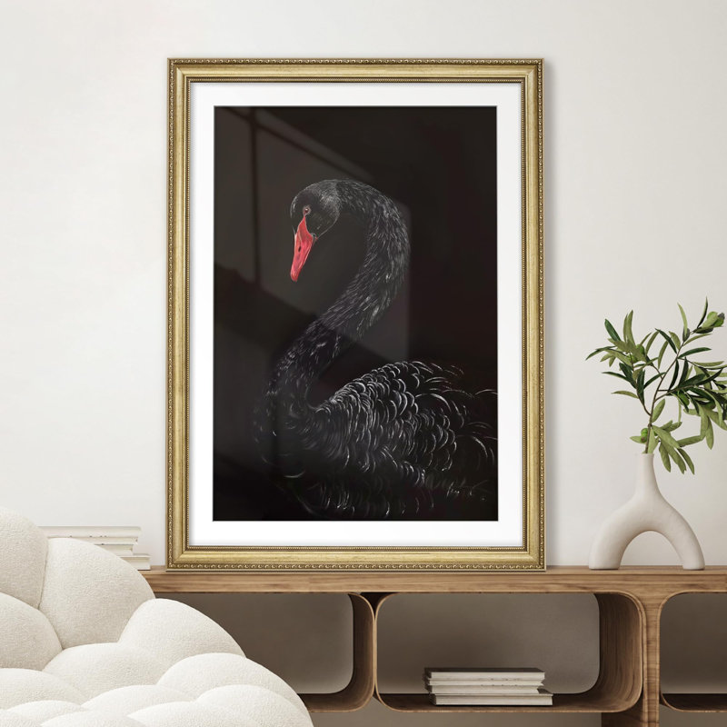 "Elegant Black Swan Portrait Graceful Minimalist Animal Illustration, décoration murale encadrée dorée", Oui