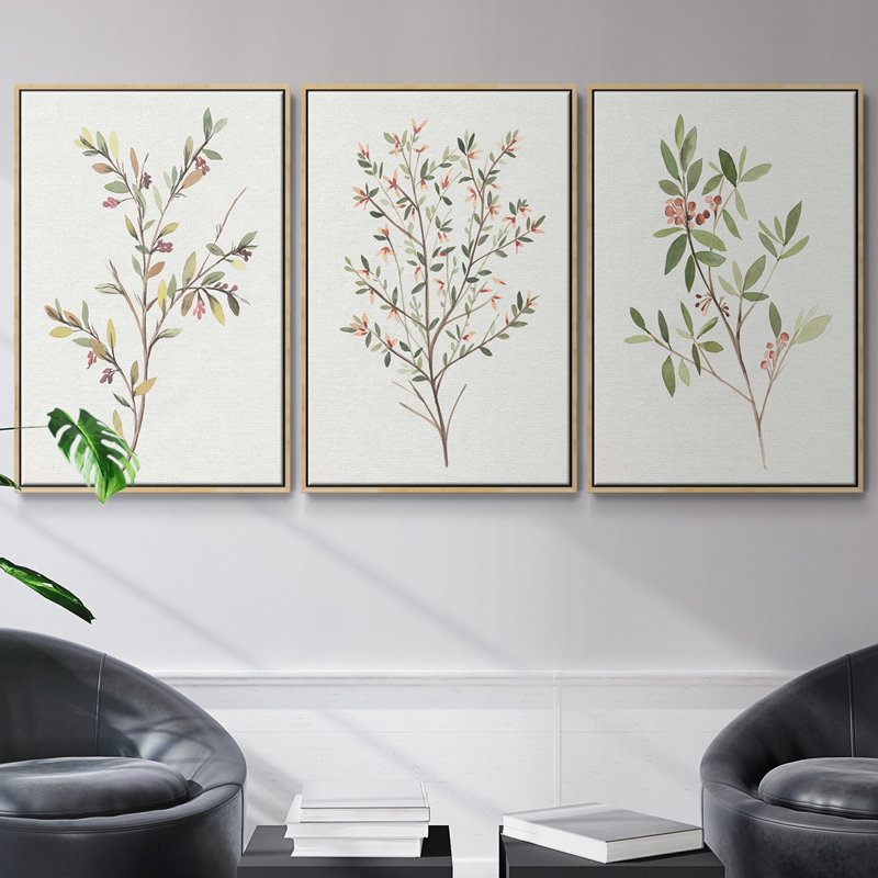 Ensemble de 3 pièces encadrées sur toile simple Sprig II, Naturel, H 27 po x l 54 po