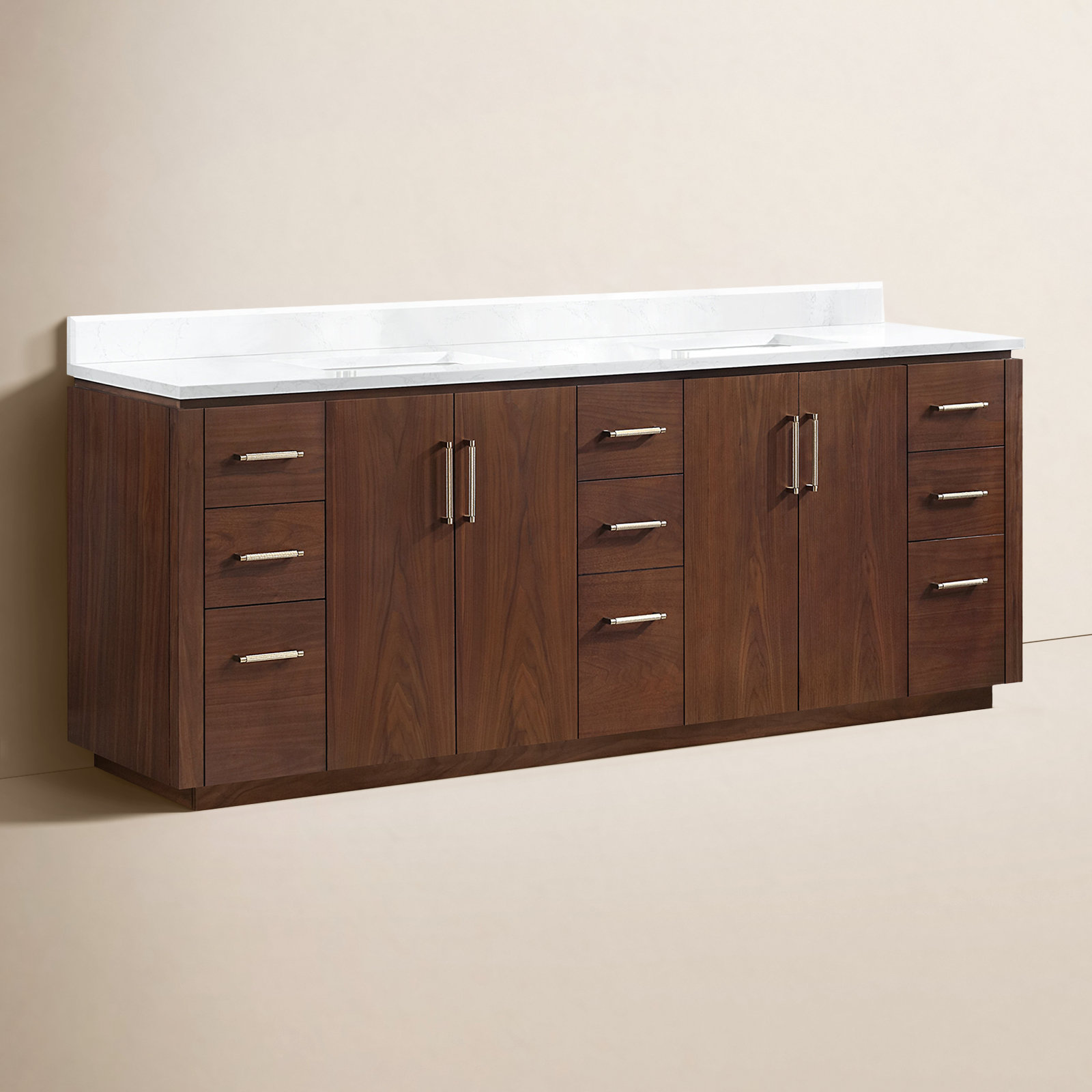 Cloverfield 84'' Double Bathroom Vanity, Natural Walnut, Gold