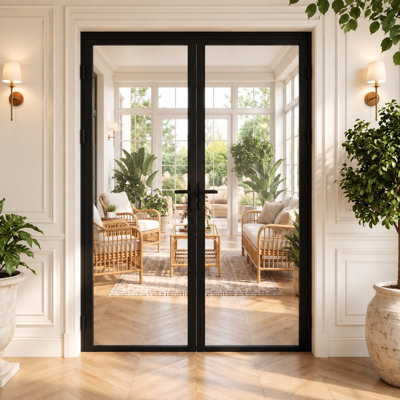 60" x 80" French Doule Door 1-Lite Full-View Clear Tempered Glass Aluminum Interior Door Slab, Without Frame and Hardware Kit