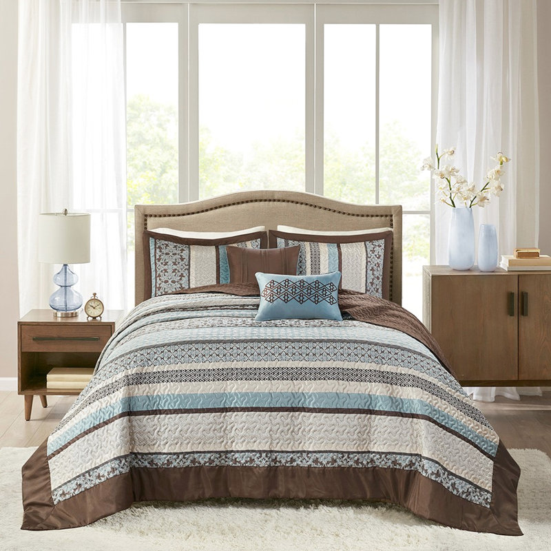 Literie 5 pièces très grand / très grand bleu réversible avec courtepointe brodée et motifs géométriques, Bleu